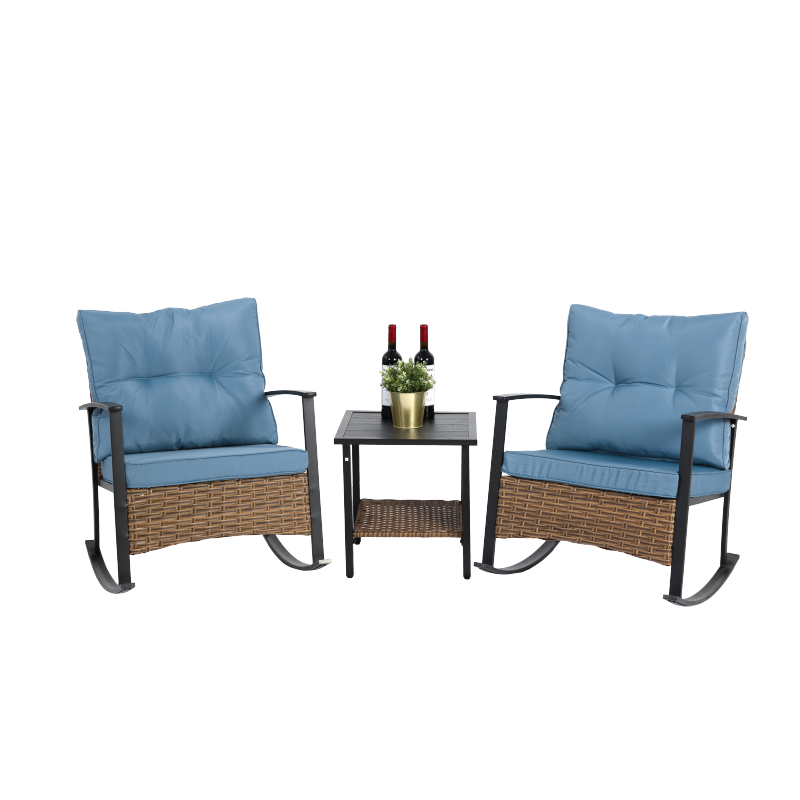 Wicker Patio Rocking Chair Set, 3-Pc, Blue, Compact