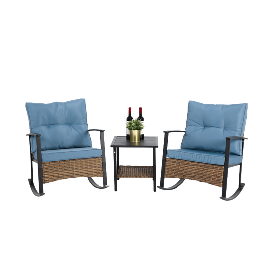 Wicker Patio Rocking Chair Set, 3-Pc, Blue, Compact