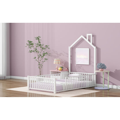 Playhouse Twin Metal Bed for Kids with Guardrail & Chimney