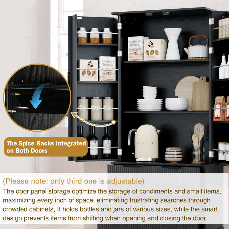 Modern Fluted Kitchen Pantry Cabinet, Drawers & Spice Racks