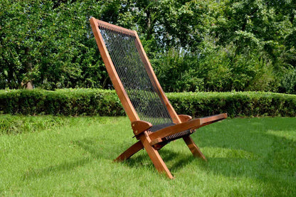 Coastal Folding Rope-Weave Wood Chair for Patio, Folds Flat