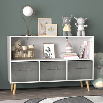 Modern Kids Bookcase for Playroom w/ Collapsible Fabric Bins