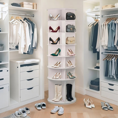7 Tier Rotating Shoe Rack, High Bottom Design Rotating Shoe Rack Tower, Free Standing 360° Spinning Shoe Organizer, Round Display Spinning Shoe Rack Tower, Fits 28 Pairs of Shoes (White)
