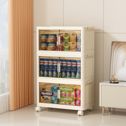 Modern Folding Closet Cabinet with Wheels, 3-Tier