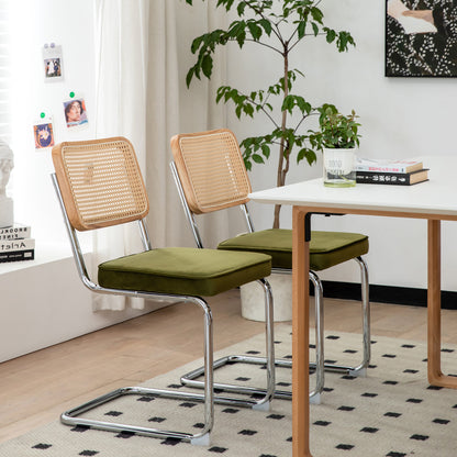 RR Mid-Century Dining Chairs, Velvet & Rattan, Set of 2