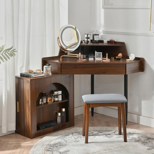 Modern Walnut Corner Vanity Set for Small Spaces, LED Mirror