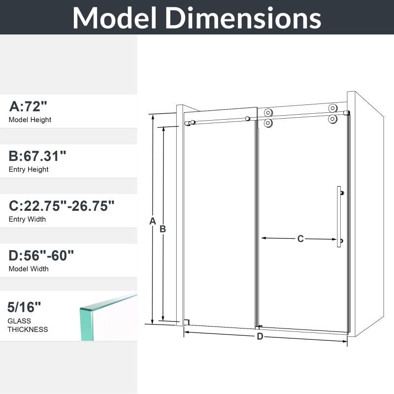 56"-60"W x 72"H Frameless Single Sliding Shower Door _ 5/16" (8mm) Clear Tempered Glass, Bypass Design with Matte Black Finish