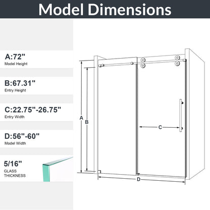 56"-60"W x 72"H Frameless Single Sliding Shower Door _ 5/16" (8mm) Clear Tempered Glass, Bypass Design with Matte Black Finish