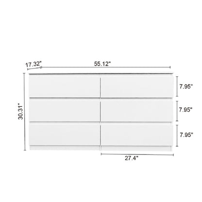 Modern 6-Drawer Double Dresser for Bedroom, Sleek White