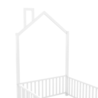 Playhouse Twin Metal Bed for Kids with Guardrail & Chimney