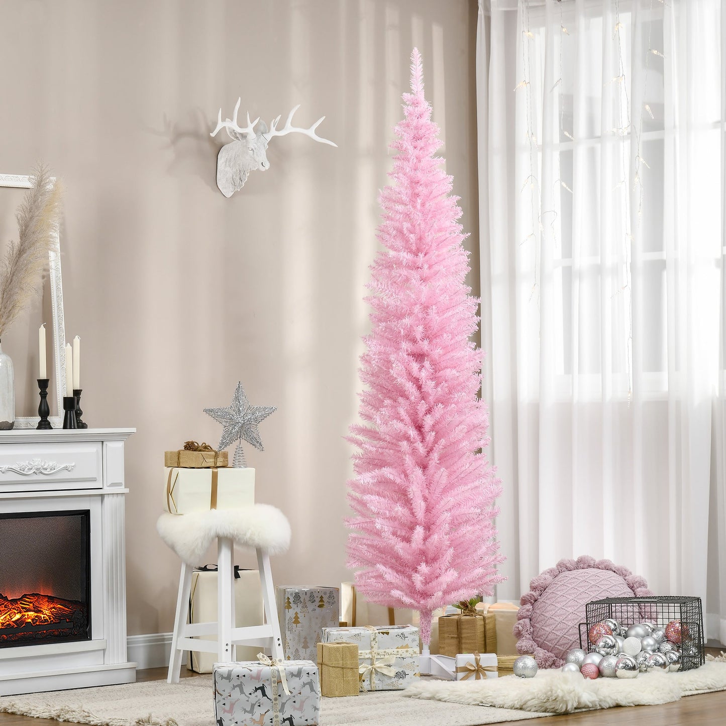 HOMCOM 7 Ft Pink Slim Pencil Christmas Tree, Small Spaces
