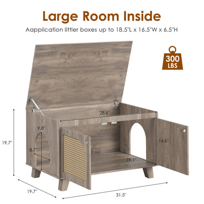 Boho Rattan Cat Litter Box Cabinet for Home, Flip-Top