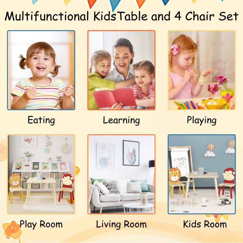 Wooden Kids Table & 2 Chairs for Playroom, Lion & Monkey
