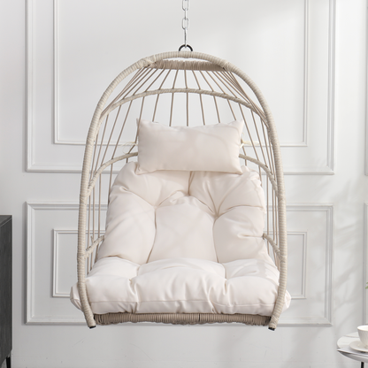 Boho Egg Swing Chair for Patio, All-Weather White PE Rattan