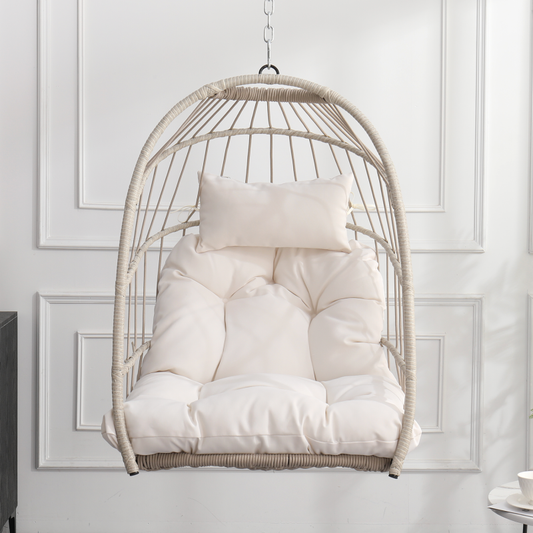 Boho Egg Swing Chair for Patio, All-Weather White PE Rattan