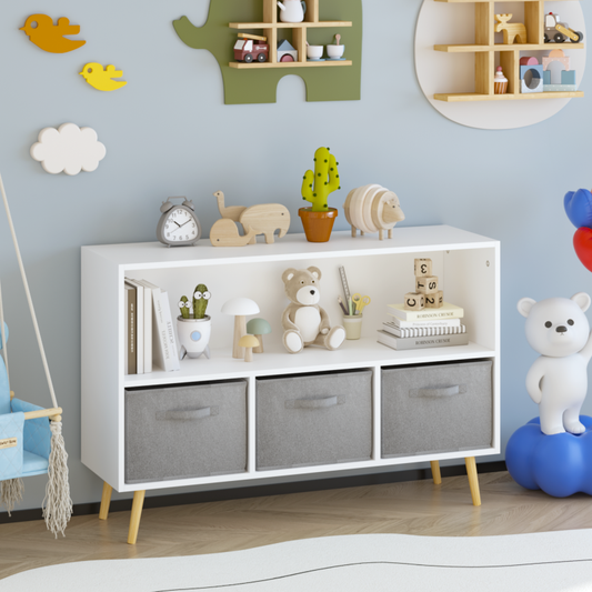 Modern Kids Bookcase for Playroom w/ Collapsible Fabric Bins