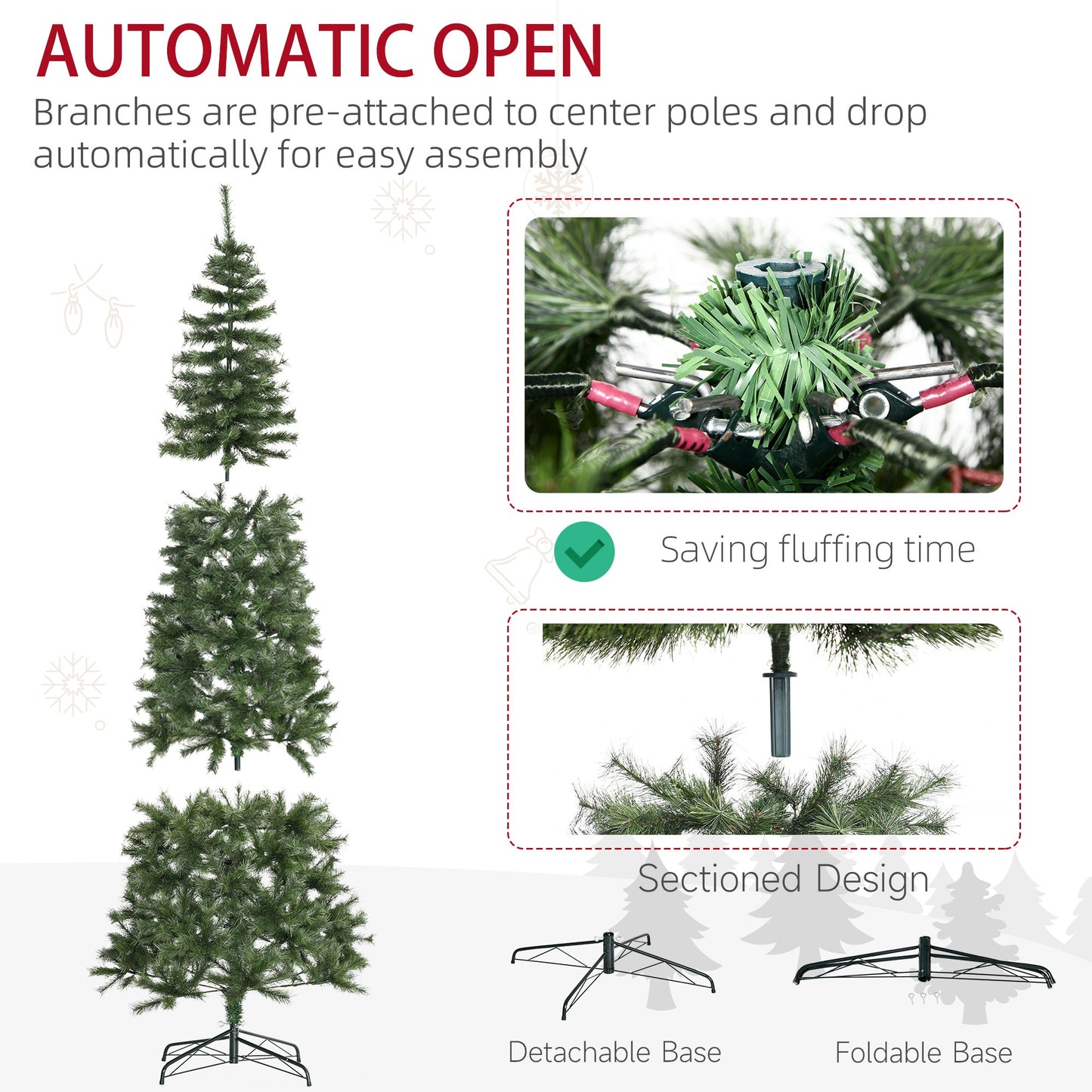 HOMCOM 8 Ft Slim Pencil Christmas Tree for Corners, Auto-Open