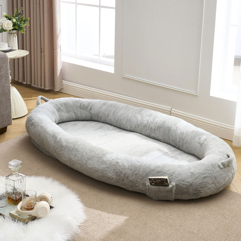 Human Dog Bed for Adult, Giant Extra Large Memory Foam Human Size Pet Bed for People, Fluffy Plush Dog Bed for Human with Storage Pocket  Cover Portable Handle Non-Slip Bottom