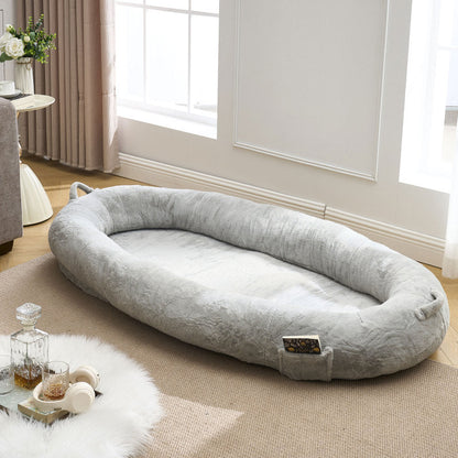 Human Dog Bed for Adult, Giant Extra Large Memory Foam Human Size Pet Bed for People, Fluffy Plush Dog Bed for Human with Storage Pocket  Cover Portable Handle Non-Slip Bottom