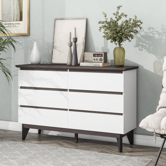 Modern 6-Drawer Dresser for Bedroom, Wide White & Walnut