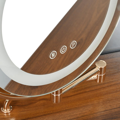 Modern Walnut Corner Vanity Set for Small Spaces, LED Mirror