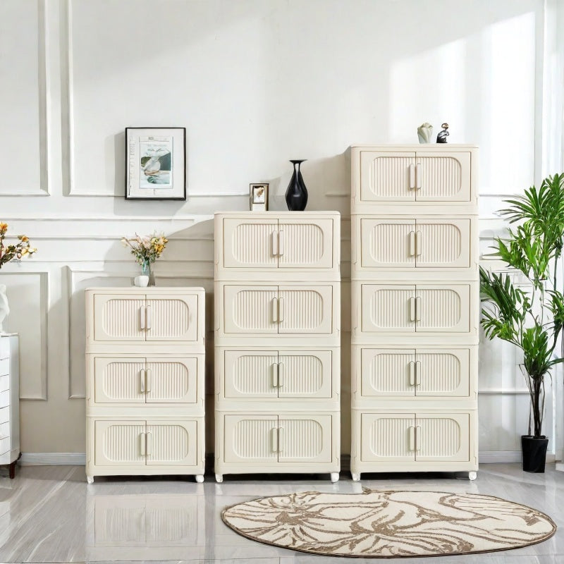 Cream White Folding Storage Cabinet on Wheels for Entryway