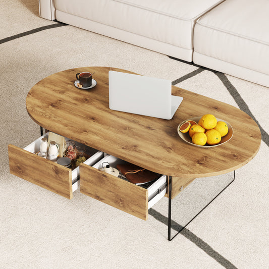 Natural Oval Coffee Table, Living Room, Glass Sides, Drawers