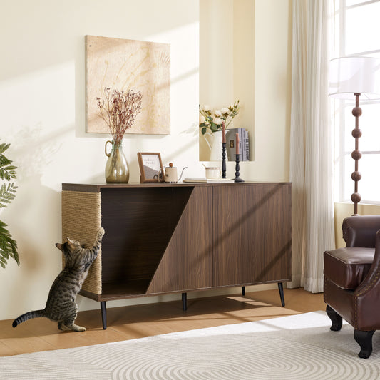 Modern Walnut End Table for Living Room, Hidden Litter Box