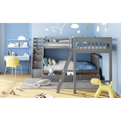 Modern L-Shaped Twin/Full Kids' Bunk with Stairs & Drawers