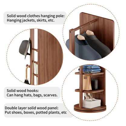 Solid Wood Walnut Floor Mirror for Entryway, 360° with Hooks