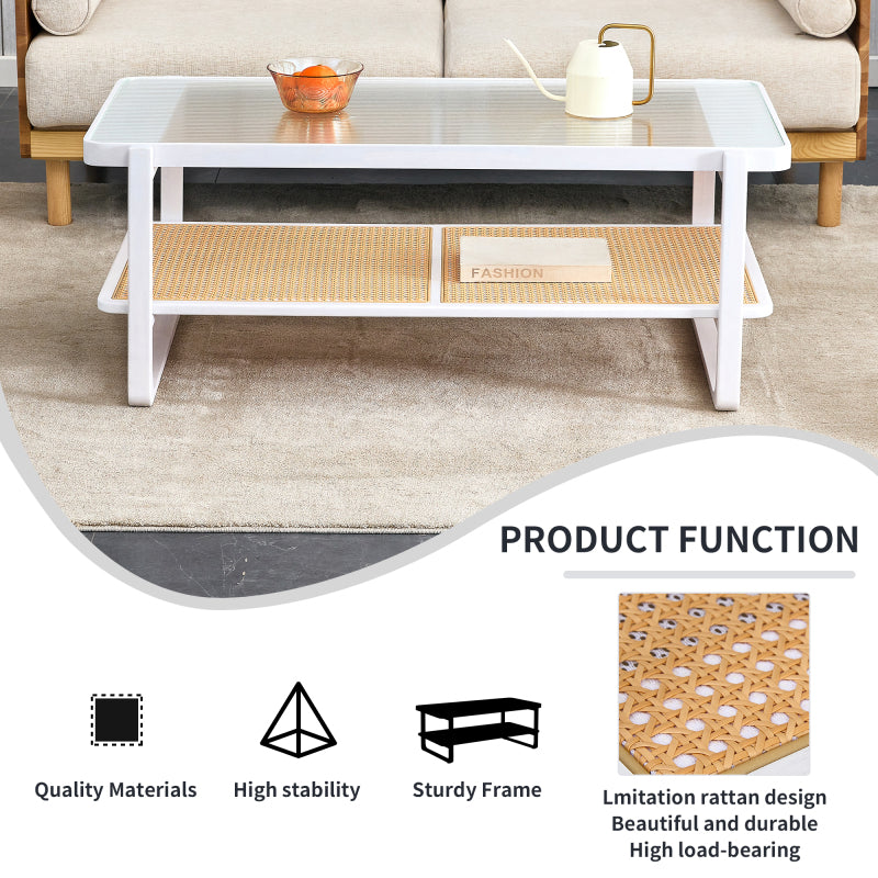 Modern White Coffee Table for Living Room, Glass Top, 2-Tier