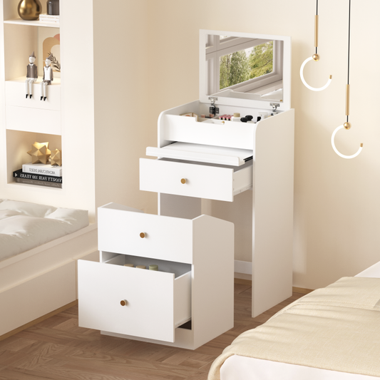 Compact Modern White Vanity Desk, Mirror & Chair for Bedroom