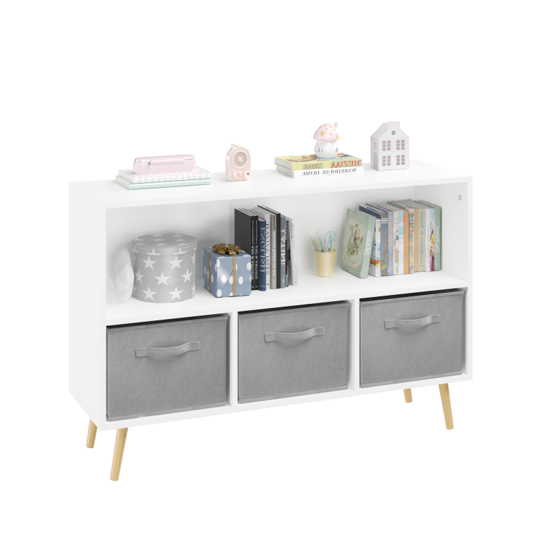 Modern Kids Bookcase for Playroom w/ Collapsible Fabric Bins