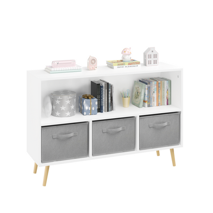 Modern Kids Bookcase for Playroom w/ Collapsible Fabric Bins