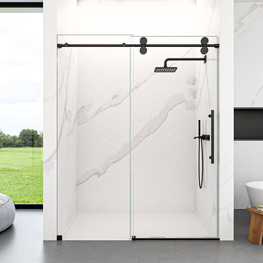 56"-60"W x 72"H Frameless Single Sliding Shower Door _ 5/16" (8mm) Clear Tempered Glass, Bypass Design with Matte Black Finish
