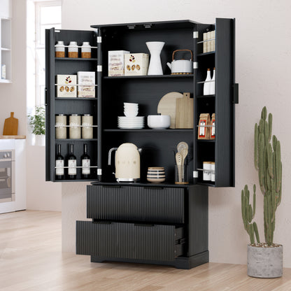 Modern Fluted Kitchen Pantry Cabinet, Drawers & Spice Racks
