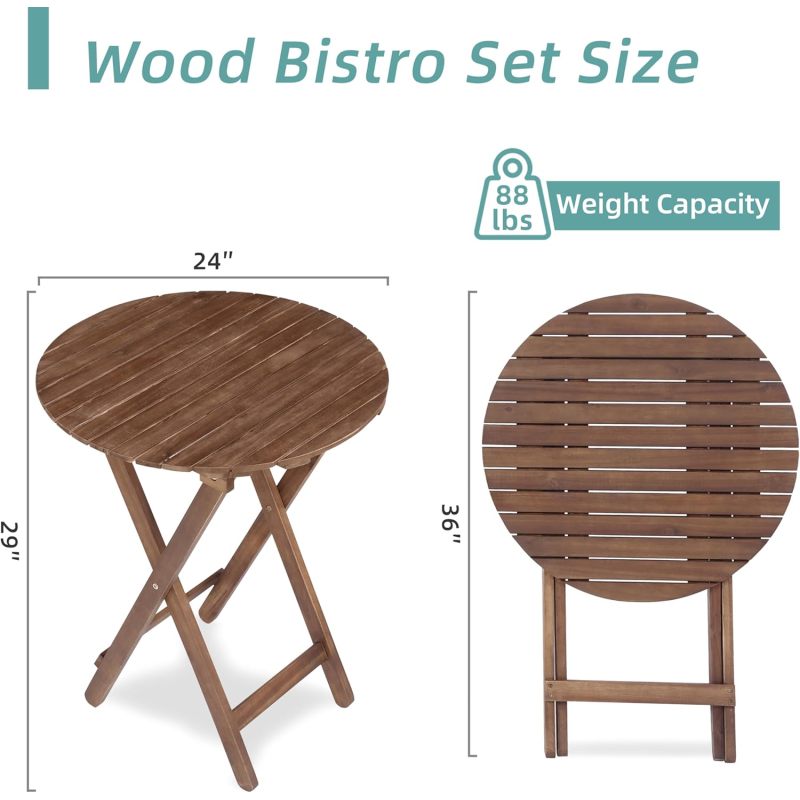 Natural Acacia 3-Pc Bistro Set for Patio & Balcony, Folding