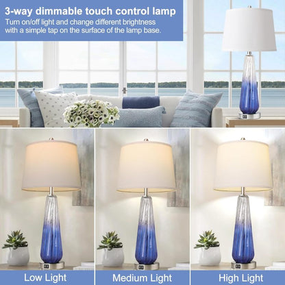 Modern Glass Bedside Lamps Set of 2 3-Way Touch & USB A+C