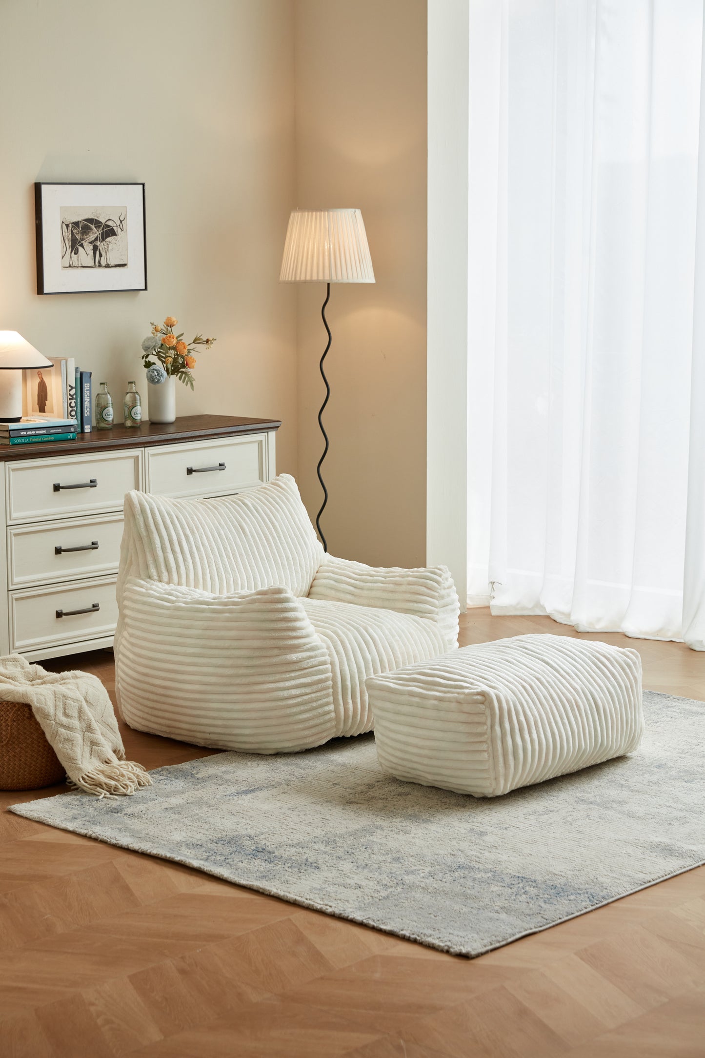 Bean Bag Chair with Ottoman, Modern Giant Bean Bag Couch Sofa with Footstool, Lounge Large Bean Bag Chairs for Adults Teens, Comfy Faux Fur Reading Chair for Bedroom, Living Room