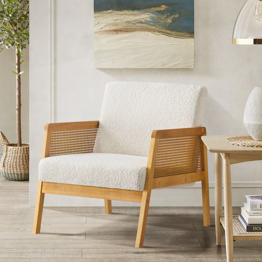 Mid-Century Sherpa Lounge Chair for Living Room, Solid Wood