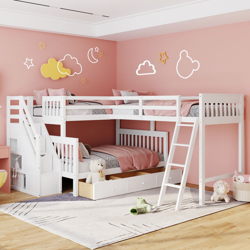 Modern L-Shaped Twin/Full Kids' Bunk with Stairs & Drawers