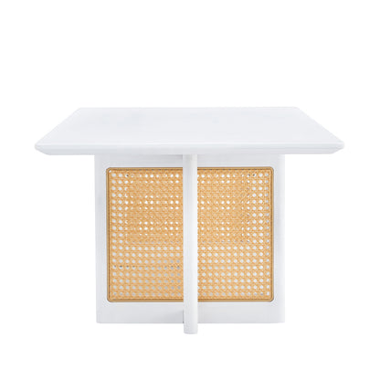 Asian-Style White Solid Wood Coffee Table, Faux Rattan Legs