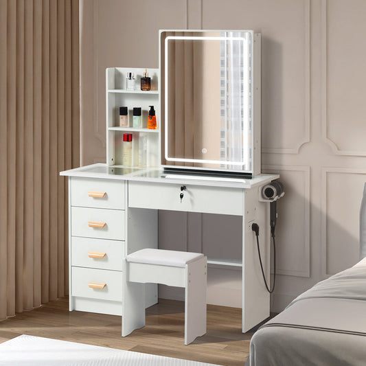 Modern Bedroom Vanity with Smart LED Mirror & Drawers