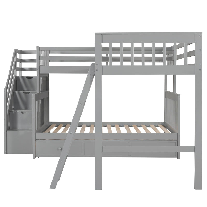 Gray L-Shaped Twin/Full Kids' Bunk Bed with Drawers