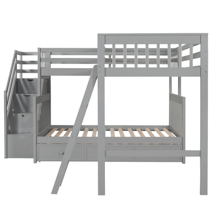 Modern L-Shaped Twin/Full Kids' Bunk with Stairs & Drawers