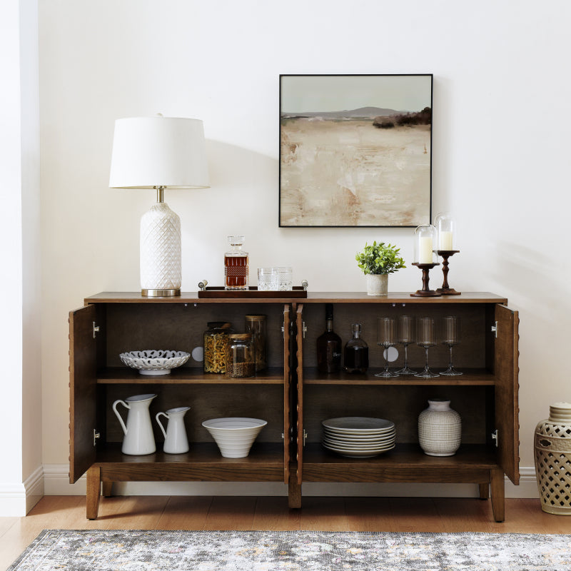 Walnut Mid-Century Sideboard for Living Room, Fluted Doors