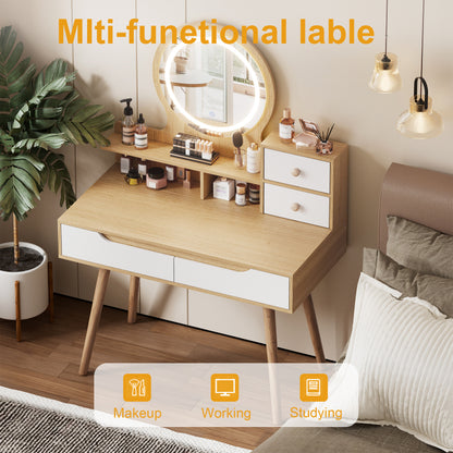 Modern Makeup Vanity for Small Bedrooms, Tri-Fold LED Mirror
