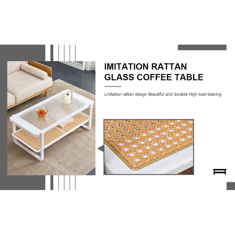 Modern White Coffee Table for Living Room, Glass Top, 2-Tier