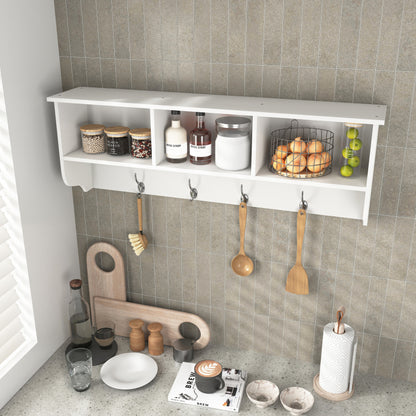 White Wall Coat Rack for Entryway, Shelf & 4 Dual Hooks