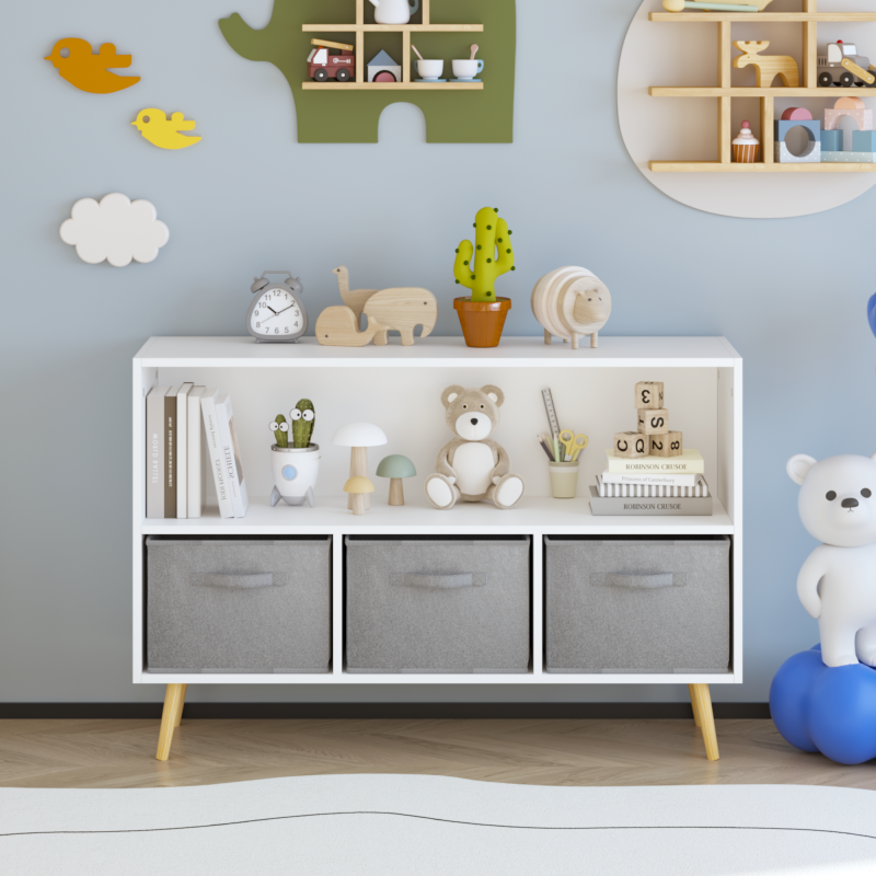 Modern Kids Bookcase for Playroom w/ Collapsible Fabric Bins